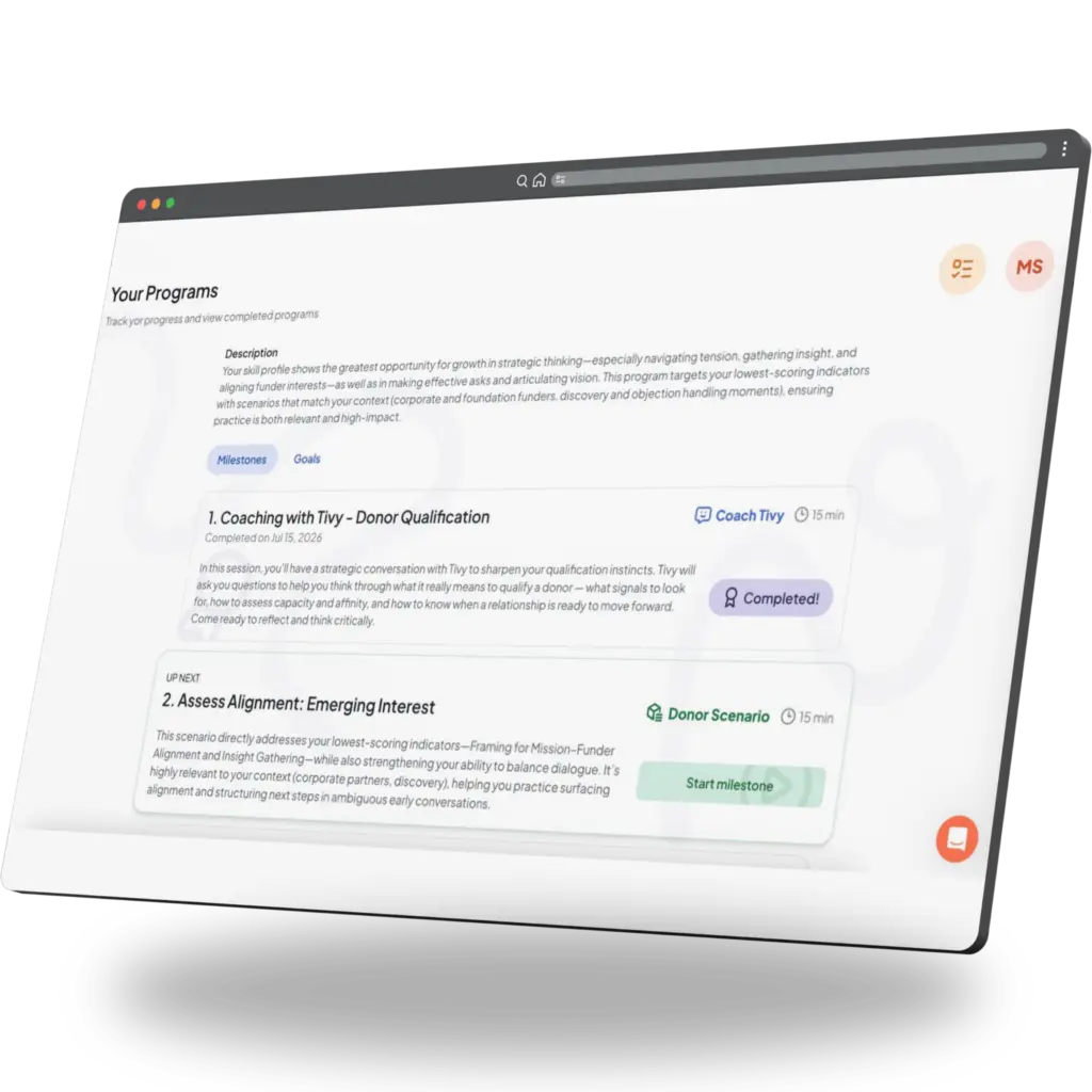 Practivated Programs screen showing a new hire's onboarding milestones, with a coaching session with Tivy marked completed