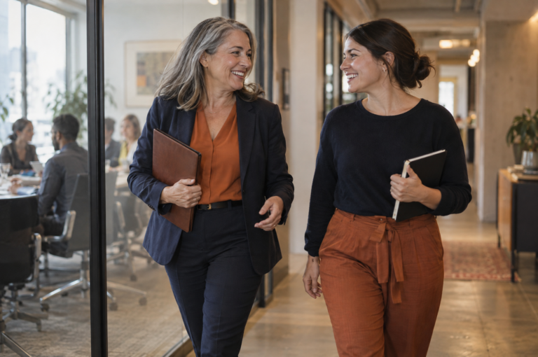 Two colleagues smiling as they walk out of a meeting together