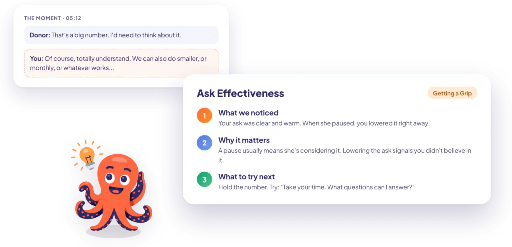 A debrief on ask effectiveness after a donor said she needed to think about it, with what we noticed, why it matters, and what to try next
