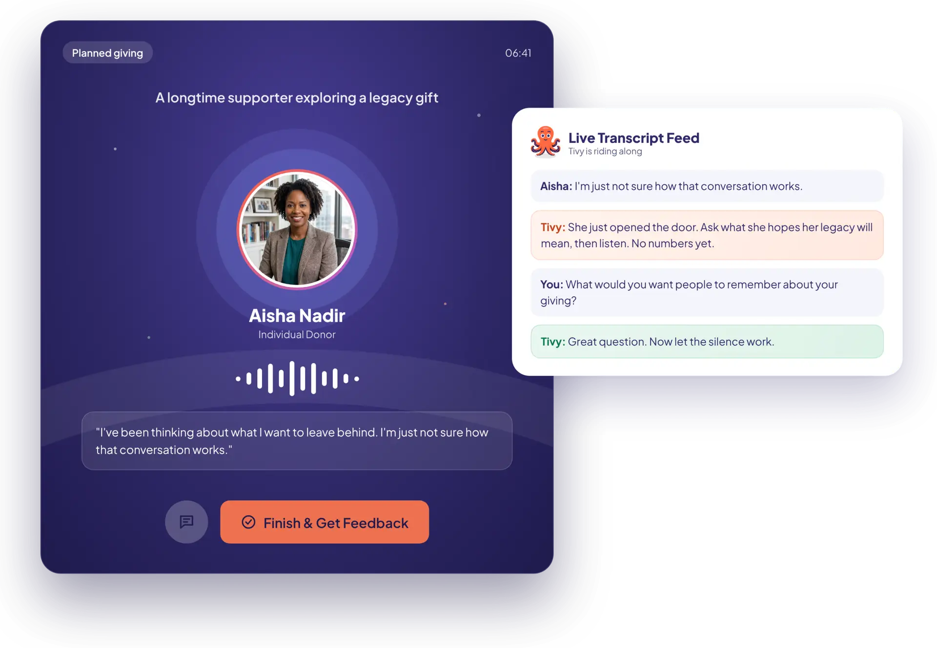 A simulated planned giving conversation with a longtime supporter, beside a live transcript where Coach Tivy rides along with suggestions