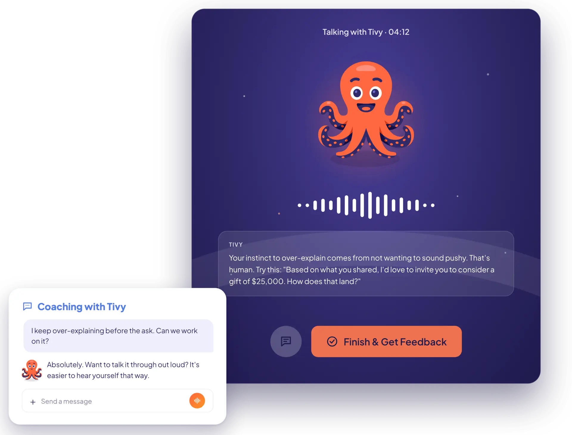 Coach Tivy in a live voice coaching session with a suggested ask on screen, beside a Coaching with Tivy chat where a fundraiser asks for help before an ask
